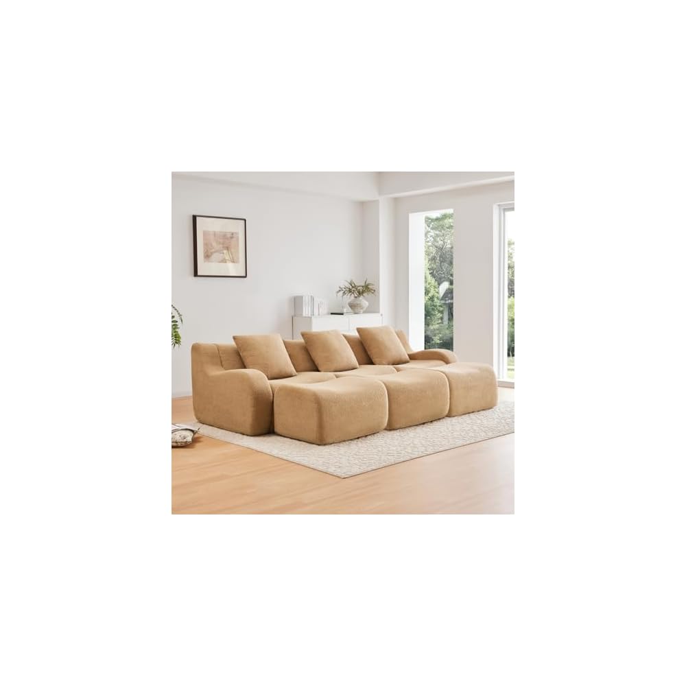 Three-Seat Boneless Sofa Teddy Fabric, No Assembly Required, Ergonomic Design, Camel