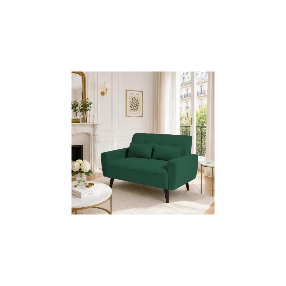 48.8" Small Loveseat Sofa, Mid Century Modern Love Seat Couch with Back Cushions and Plastic Legs, 2 Seater Couches for Living Room, Bedroom, Small Spaces, Green