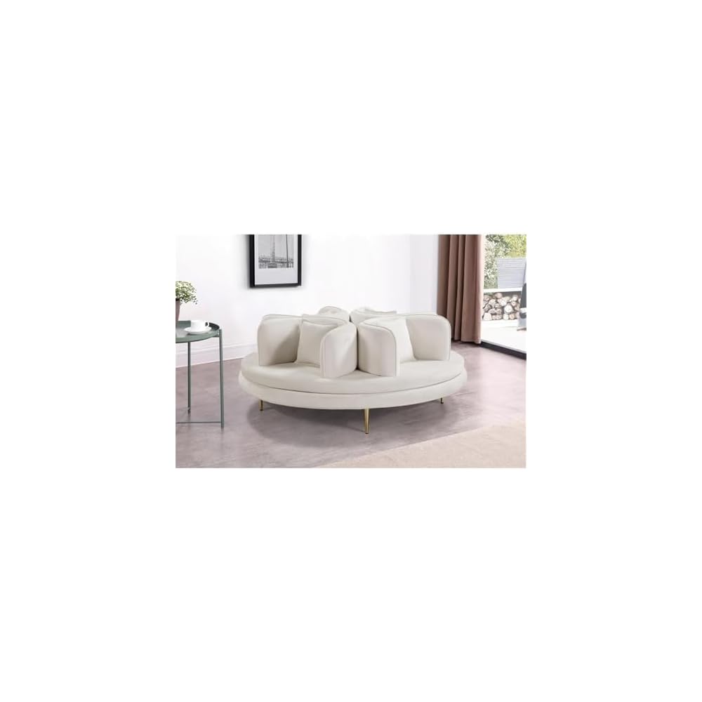 Pemberly Row Contemporary Velvet Roundabout Sofa, Cream Upholstery, Gold Iron Legs, 72" W x 72" D x 29" H, 4 Back Cushions, Matching Pillows, Elegant Living Room Seating