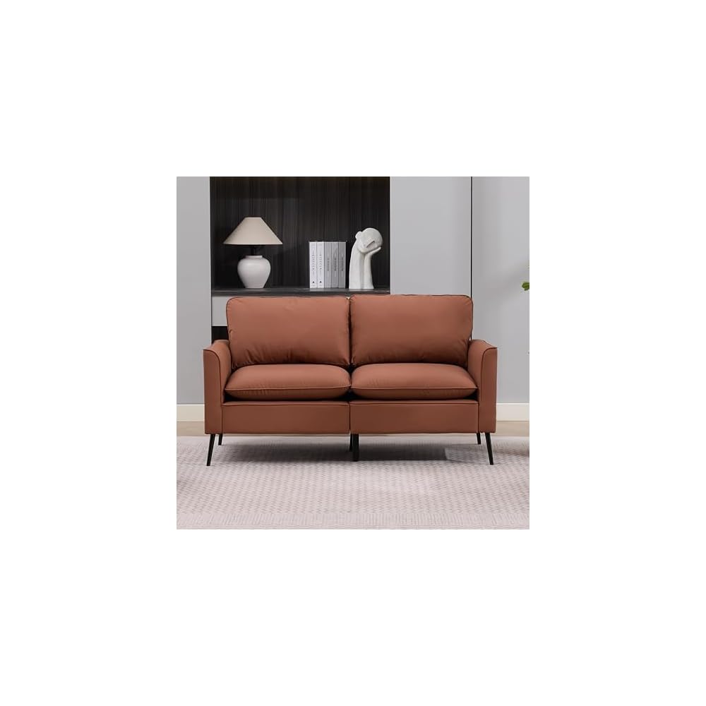 Brown Loveseat Sofa, 55.91" 2 Seater Couch, Faux Leather Love Seat for Living Room, Loveseat Sofa Couch for Small Spaces, Love Seat Couch Metal Frame for Bedroom Office Apartment