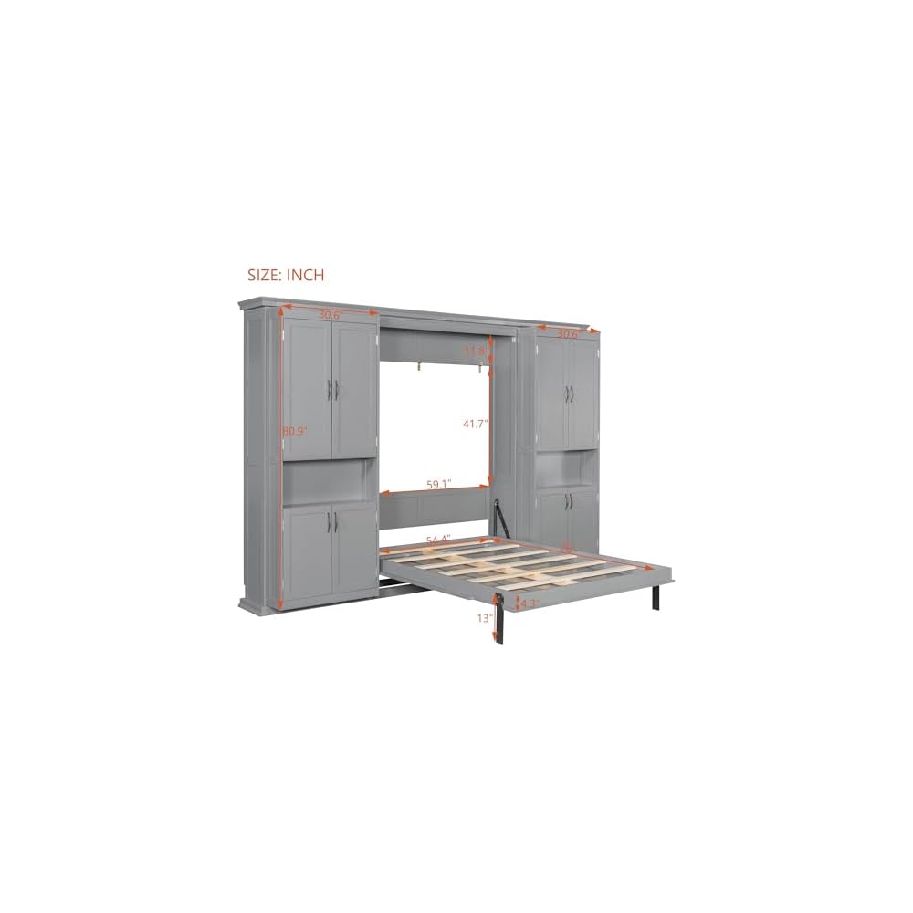 VilroCaz Modern Full Murphy Bed with Dual Sliding Doors Storage Cabinets, Wood Hidden Wall Bed with Dual 6-Tier Side Shelves, Large-Capacity& Space-Saving (Gray-12.9)