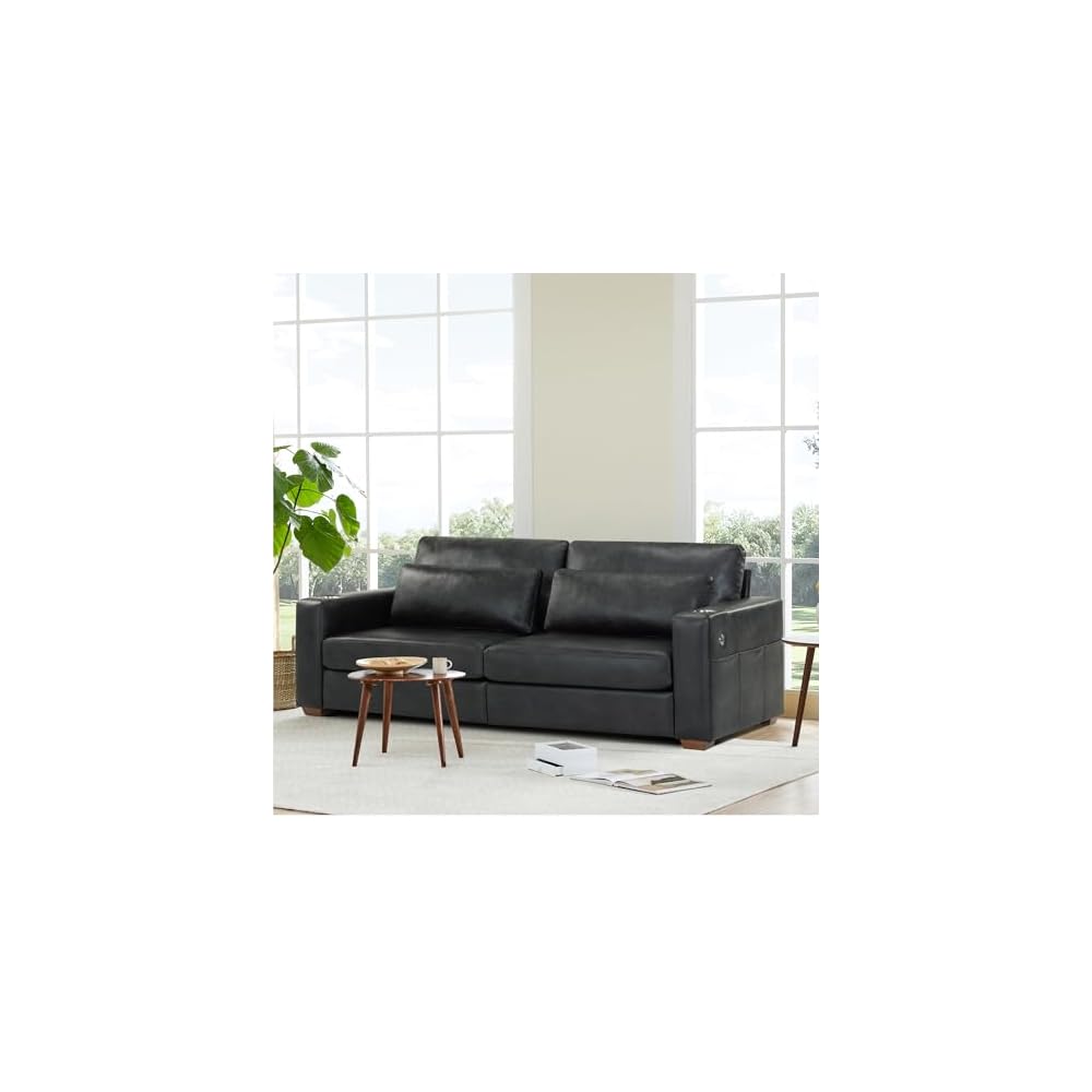 KISLOT 89" Sofa Couch for Living Room Faux Leather Upholstered Couch with Deep Seats and Wide Armrests 3 Seater Comfy Sofa with Cup Holders, USB & Type-C Ports, Spring Cushion, Solid Wood Frame Black