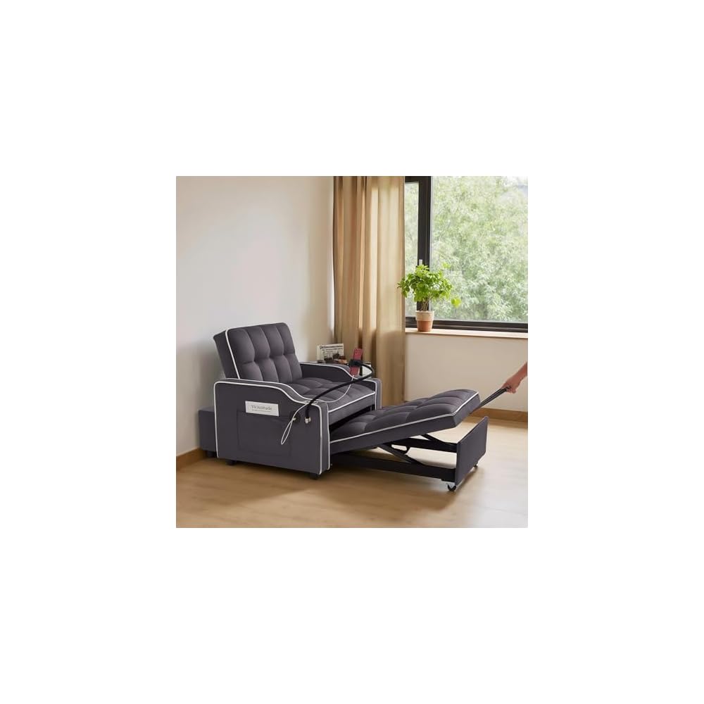 69" Small Pull Out Couch, 3 in 1 Convertible Sofa Bed, Adjustable Backrest with Phone Holder, Side Pocket & USB Port, Modern Sofa for Living Room, Bedroom, Apartment (Gray)