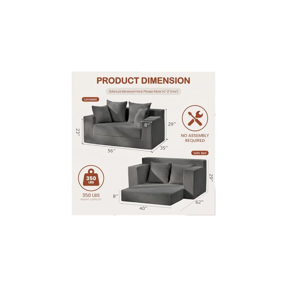56" Boneless Couch, 5-in-1 Boneless Loveseat Sleeper Sofa Bed, Mini Convertible Pull Out Corduroy Futon Couch with Side Pockets & Handle, Folding Floor Sofa Bed with 4 Pillows for Small Space