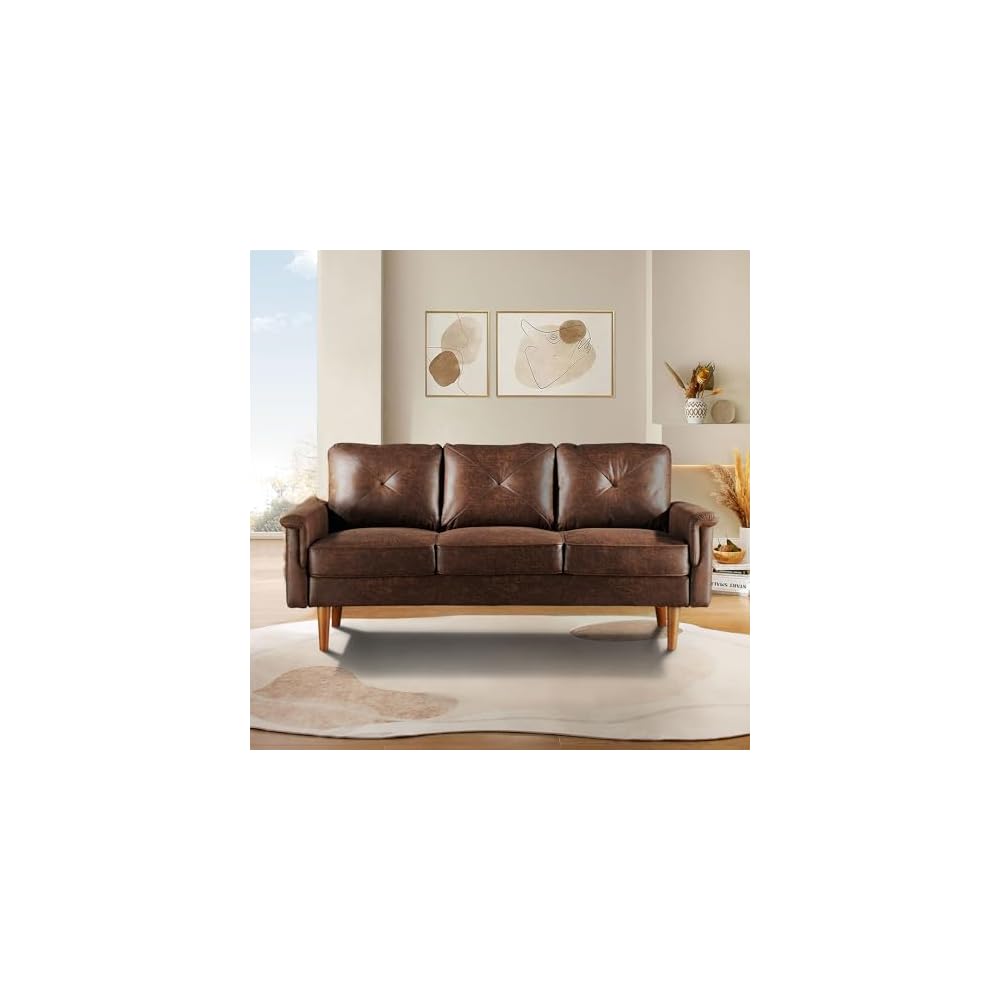 HOOOWOOO 72" Faux Leather Couch Small Sofa Living Room Couch 3 Seater Sofa Modern with Button Tufted Back Cushioned Square Arm for Small Bedroom Apartment,Dark Brown