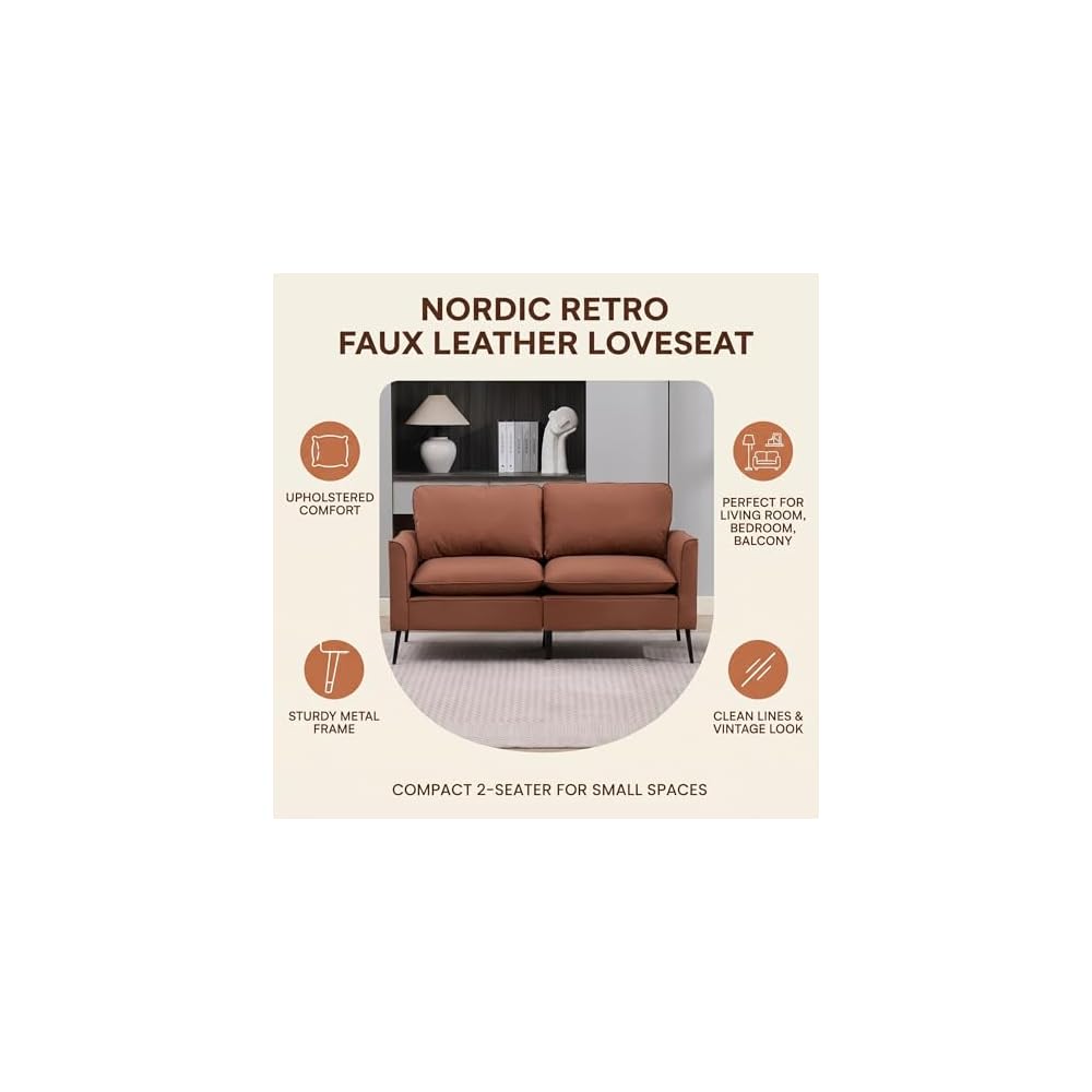 Brown Loveseat Sofa, 55.91" 2 Seater Couch, Faux Leather Love Seat for Living Room, Loveseat Sofa Couch for Small Spaces, Love Seat Couch Metal Frame for Bedroom Office Apartment