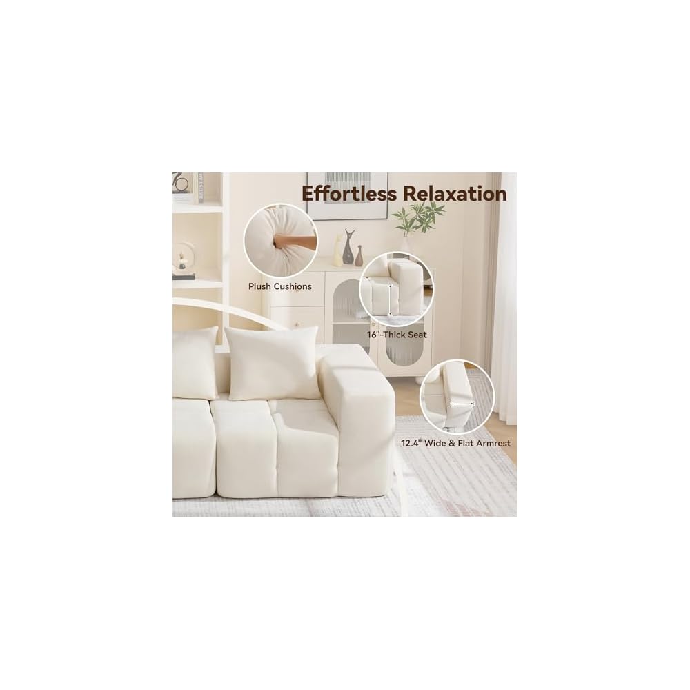 160" Boneless U-Shaped Sofa Couch with 2 Ottoman, 6 Seater Comfy Cloud Sectional Sofas with Deep Seat, Oversized Chenille Sectional Memory Foam Couches for Living Room Bedroom, Tufted Sofa Beige White