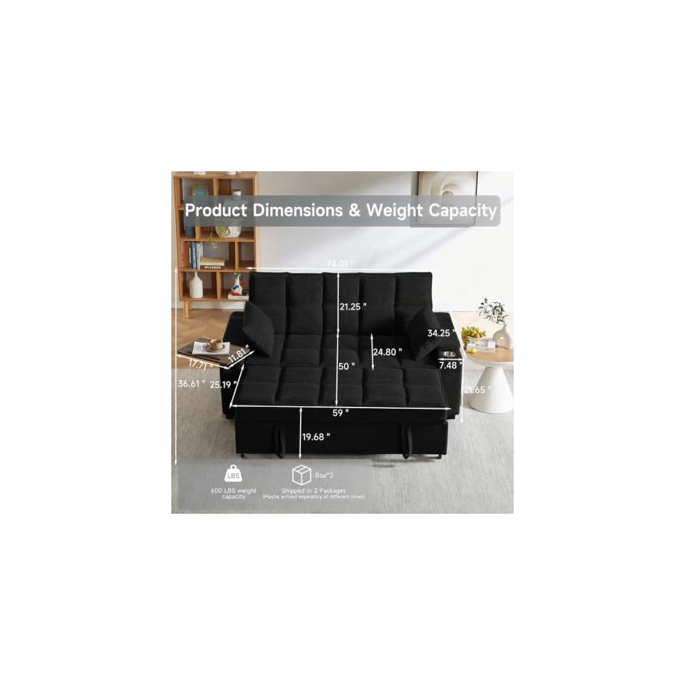 hansones 74" Convertible Sleeper Sofa Bed with Swivel Table & Storage，Black