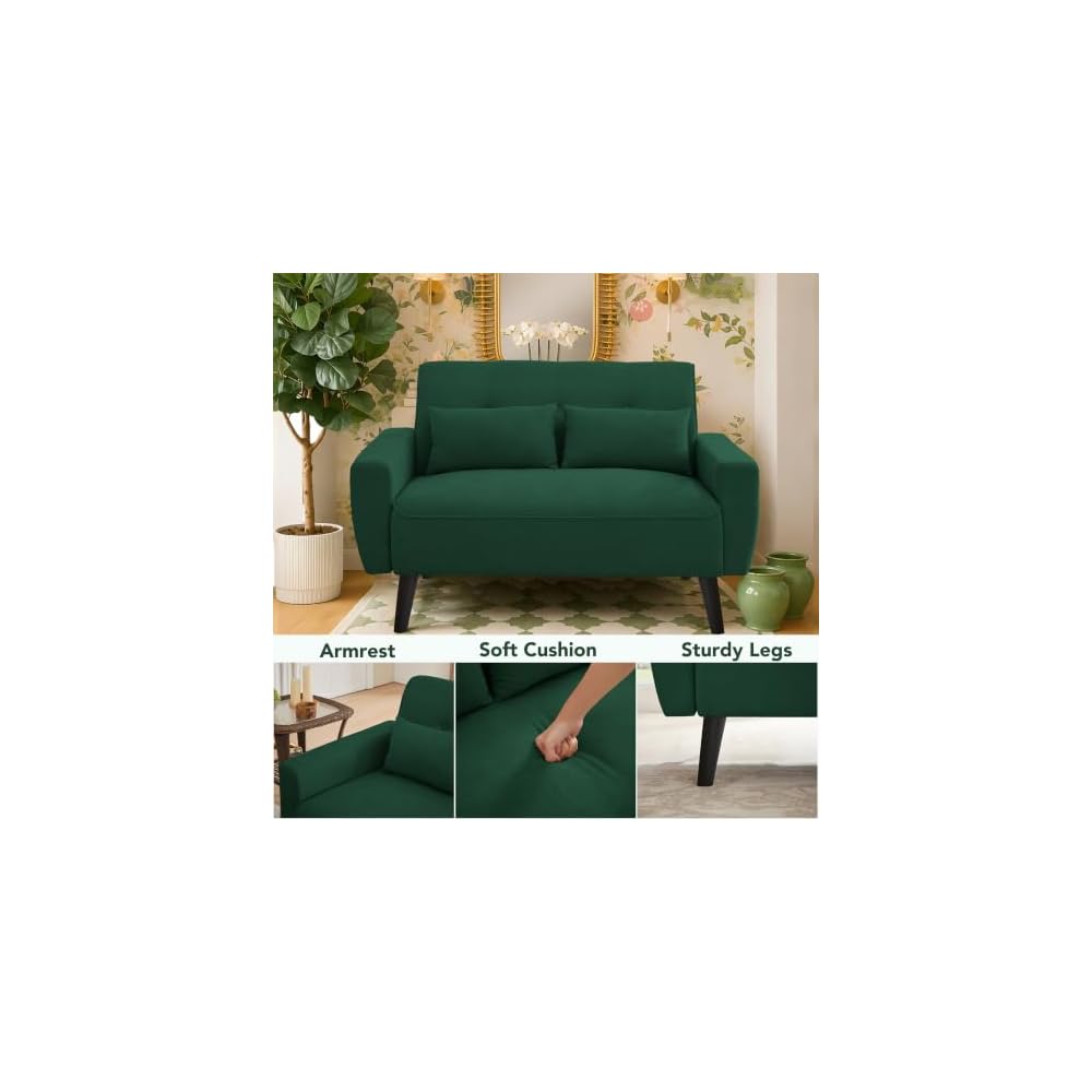 48.8" Small Loveseat Sofa, Mid Century Modern Love Seat Couch with Back Cushions and Plastic Legs, 2 Seater Couches for Living Room, Bedroom, Small Spaces, Green