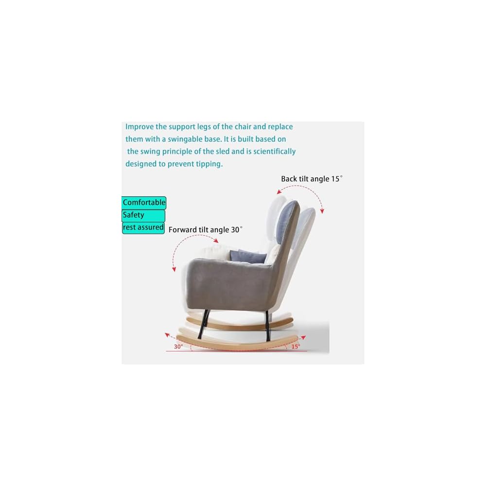 Nordic Rocking Chair Single Sofa Fireside Rocking Chair Patchwork Fabric Lounge Wing Back Chair with Solid Wood Legs Cotton and Linen Leisure Chairs for Living Rooms bedr