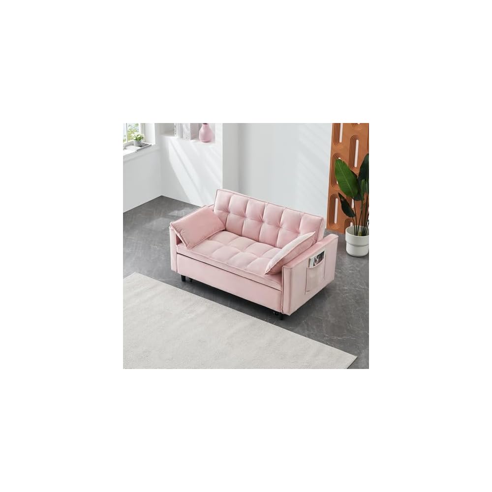 55" Modern Velvet Loveseat Sleeper Sofa, 3-in-1 Convertible Pull-Out Bed with Adjustable Backrest, 2 Pillows & Side Pockets, Small Pull Out Couch for Living Room, Apartment(Pink)