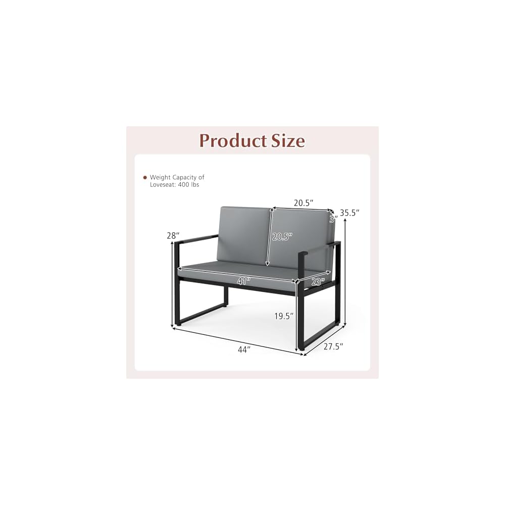 GIANTEX Modern Loveseat Sofa, 2-Seater Sofa with Solid Metal Frame & Removable Back Cushions, Spacious Seat & Supportive Armrests, Indoor Couch for Living Room, Bedroom, Office (Gray)