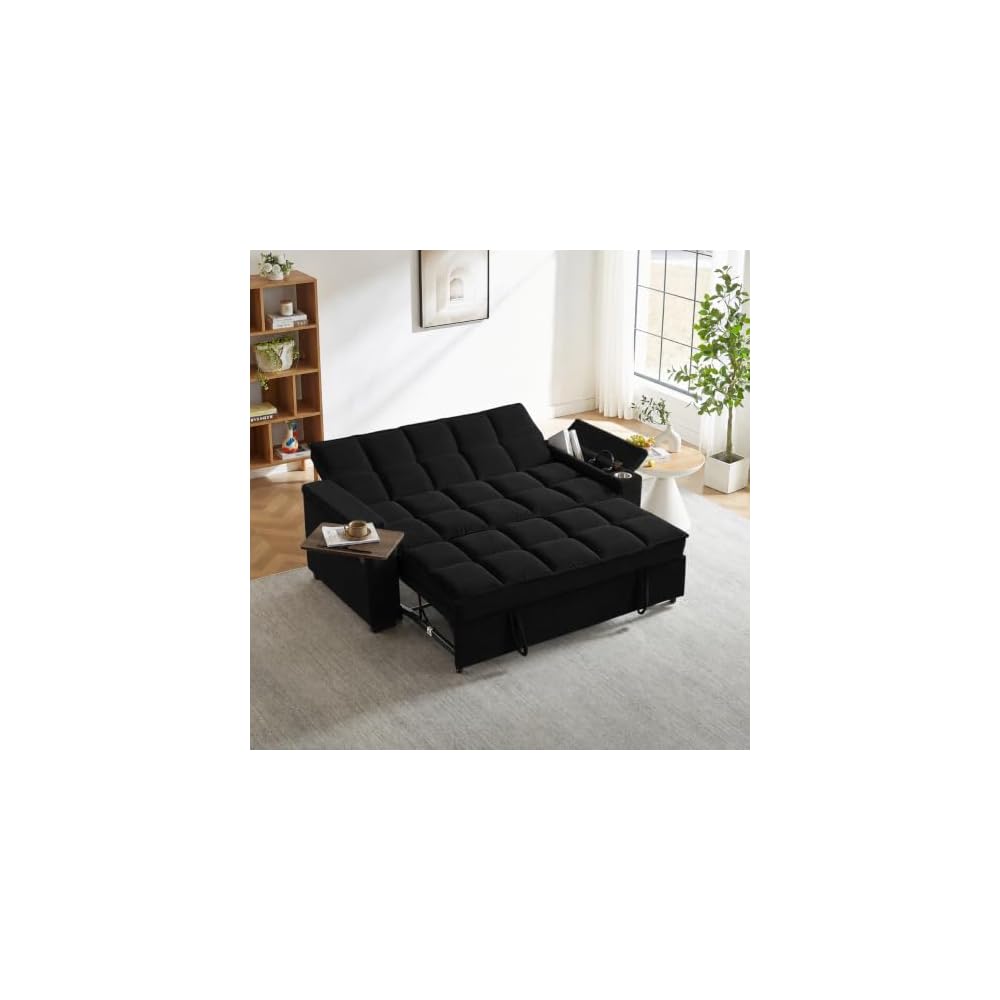 hansones 74" Convertible Sleeper Sofa Bed with Swivel Table & Storage，Black