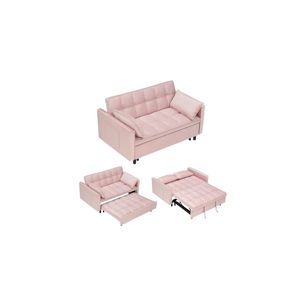 55" Modern Velvet Loveseat Sleeper Sofa, 3-in-1 Convertible Pull-Out Bed with Adjustable Backrest, 2 Pillows & Side Pockets, Small Pull Out Couch for Living Room, Apartment(Pink)