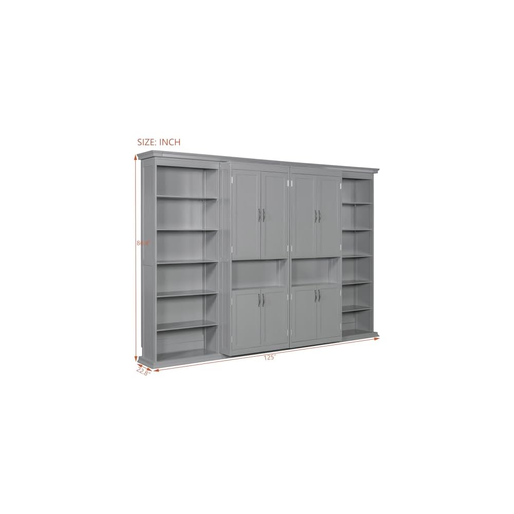 VilroCaz Modern Full Murphy Bed with Dual Sliding Doors Storage Cabinets, Wood Hidden Wall Bed with Dual 6-Tier Side Shelves, Large-Capacity& Space-Saving (Gray-12.9)