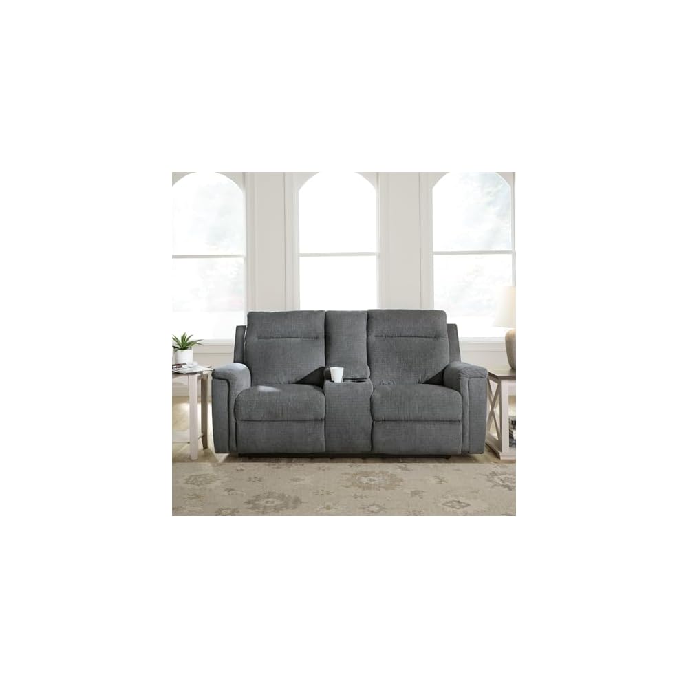 Signature Design by Ashley Barnsana Minimalist Power Reclining Loveseat with Console and USB Charging Ports, Gray