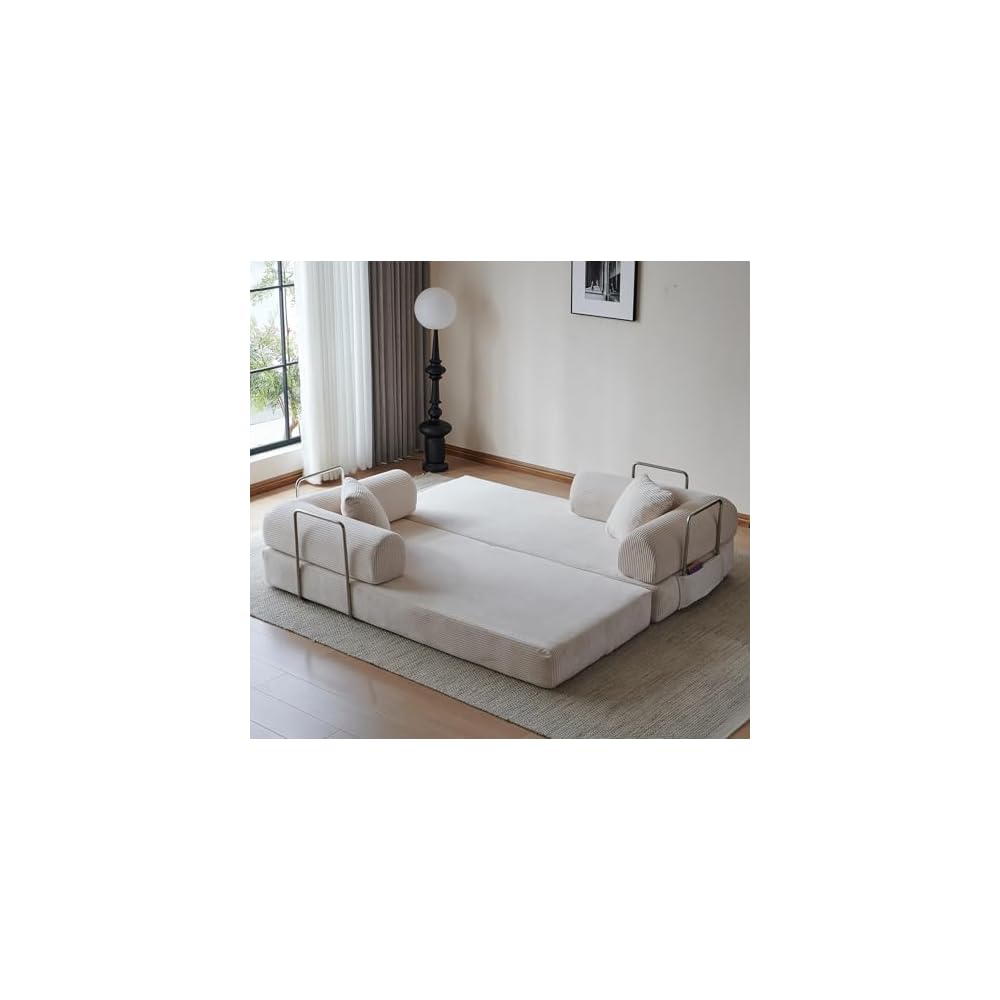 78.7" Convertible Sofa Bed, Boneless Couch Folding Sleeper Sofa with 2 Pillows, Foldable Floor Lounger with Pockets, Corduroy Pull Out Couch Bed for Living Room, Bedroom, Reading Room, Office, White