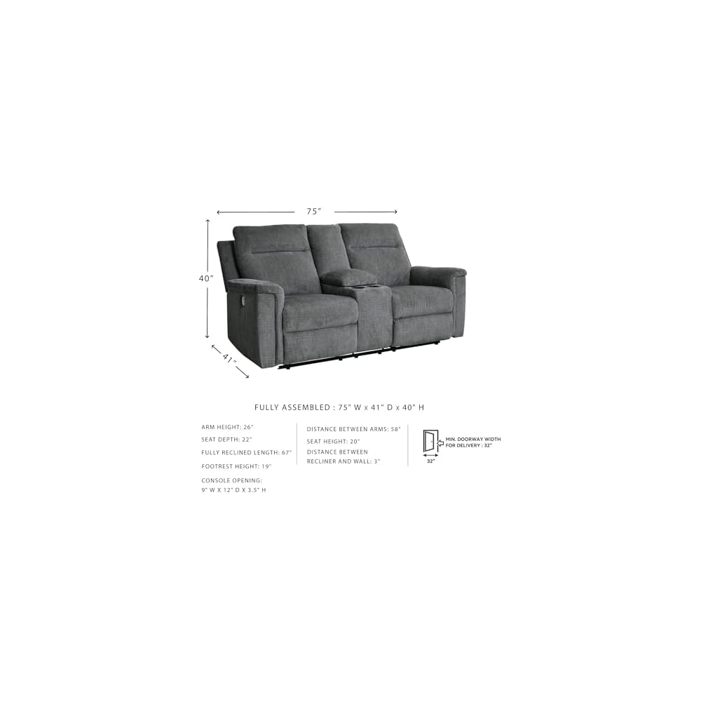 Signature Design by Ashley Barnsana Minimalist Power Reclining Loveseat with Console and USB Charging Ports, Gray