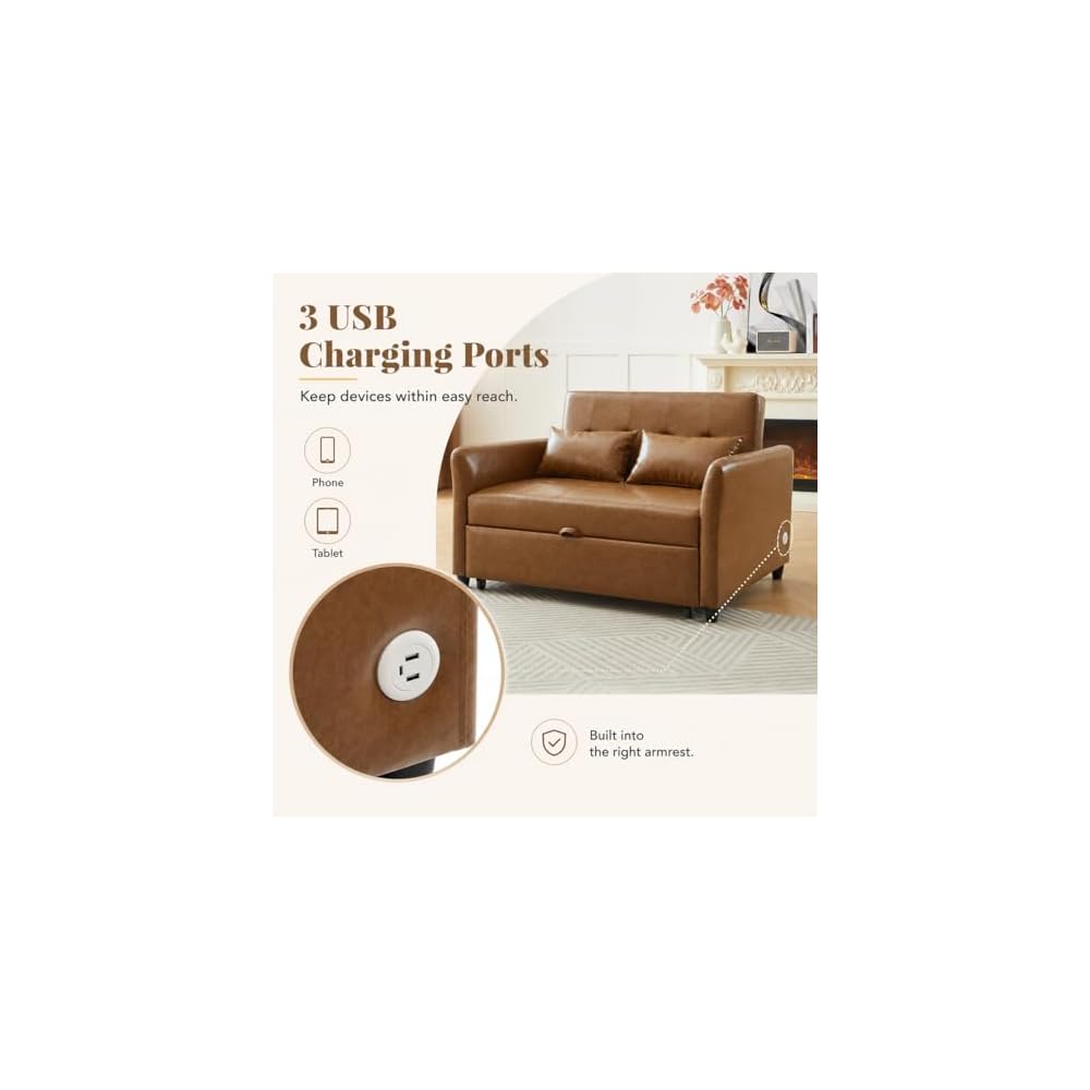 PU Leather Sofa Bed - 51.57" Brown Convertible Loveseat Sleeper Sofa with Pull-Out Couch Bed, 3 USB Charging Ports, Compact Faux Leather Couch for Living Room, Bedroom, Apartment