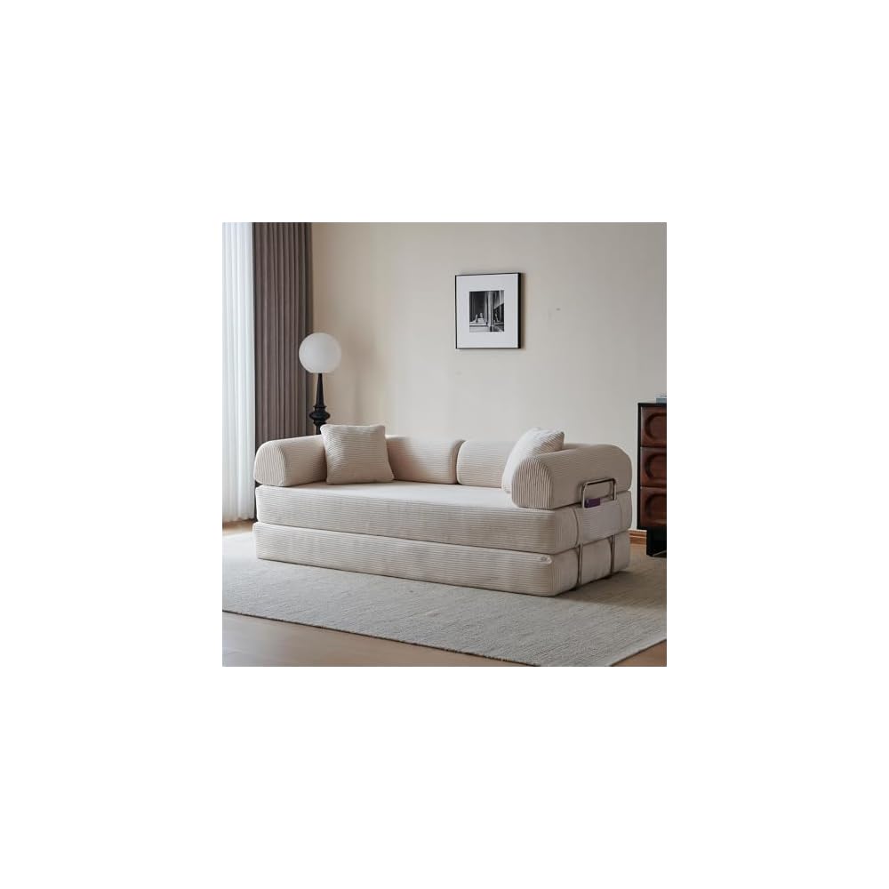 78.7" Convertible Sofa Bed, Boneless Couch Folding Sleeper Sofa with 2 Pillows, Foldable Floor Lounger with Pockets, Corduroy Pull Out Couch Bed for Living Room, Bedroom, Reading Room, Office, White