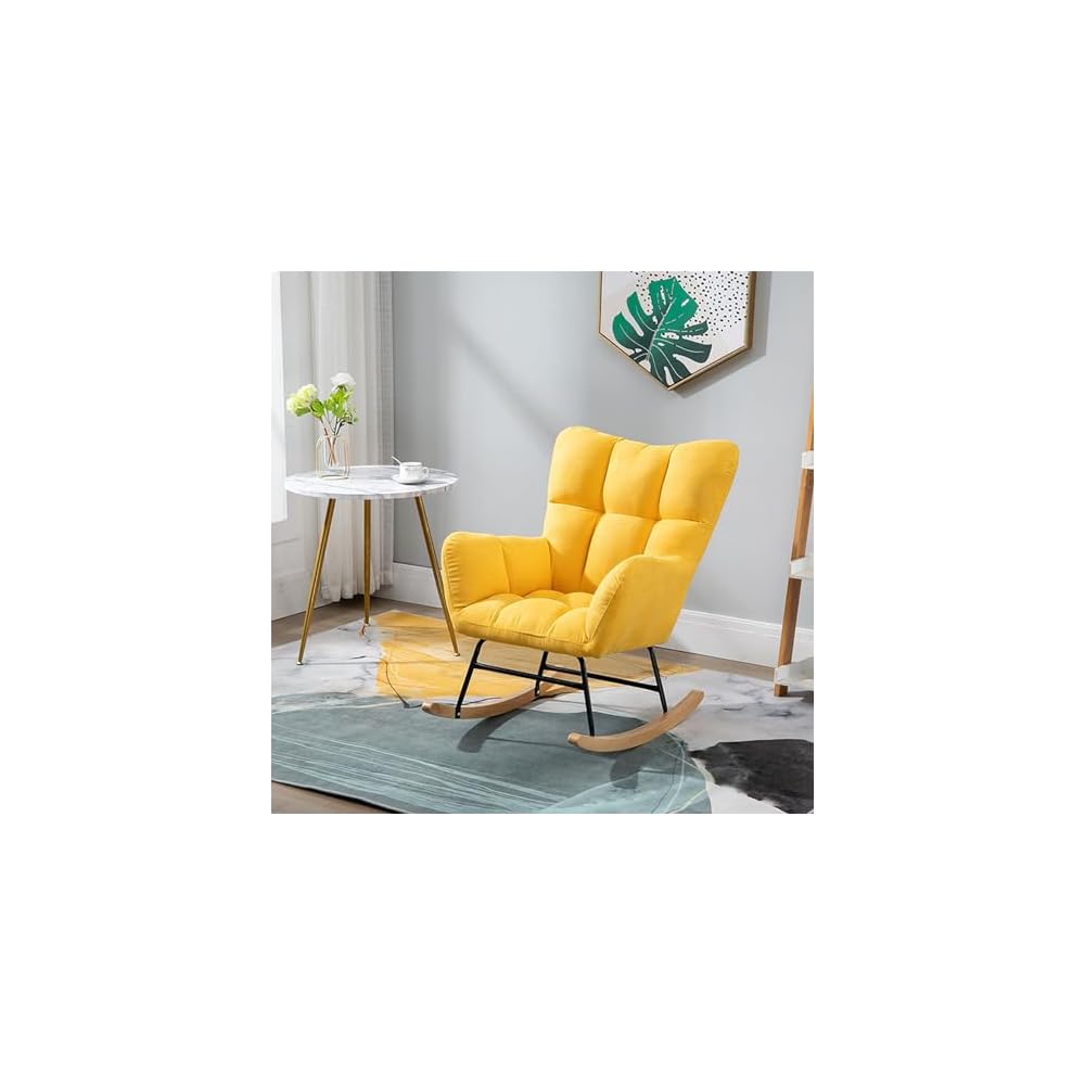 Nordic Rocking Chair Single Sofa Fireside Rocking Chair Patchwork Fabric Lounge Wing Back Chair with Solid Wood Legs Cotton and Linen Leisure Chairs for Living Rooms bedr