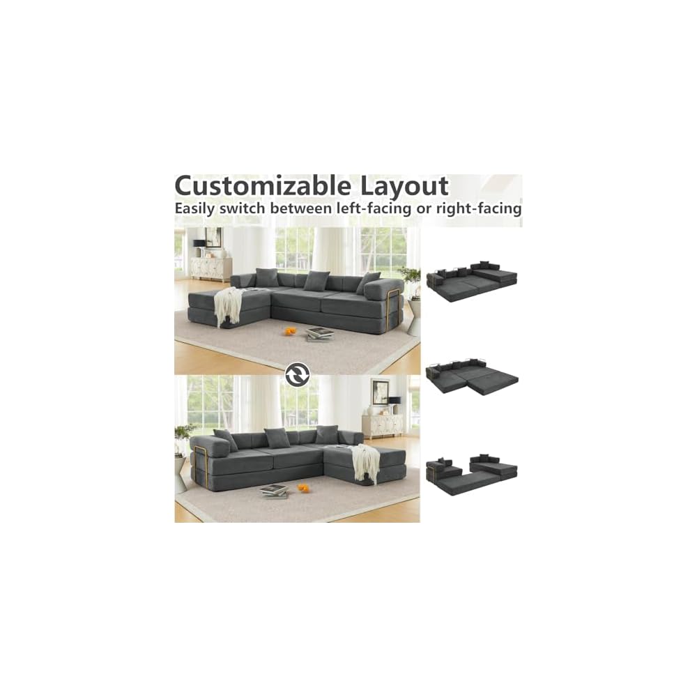 ivoros 108" Modular Sectional Sofa,Futon Convertible Sofa Bed,Oversized Corduroy Boneless Couch for Living Room,Floor Loveseat Sleeper with Pull Out Bed,Free Combination,No Assembly Required (Grey)
