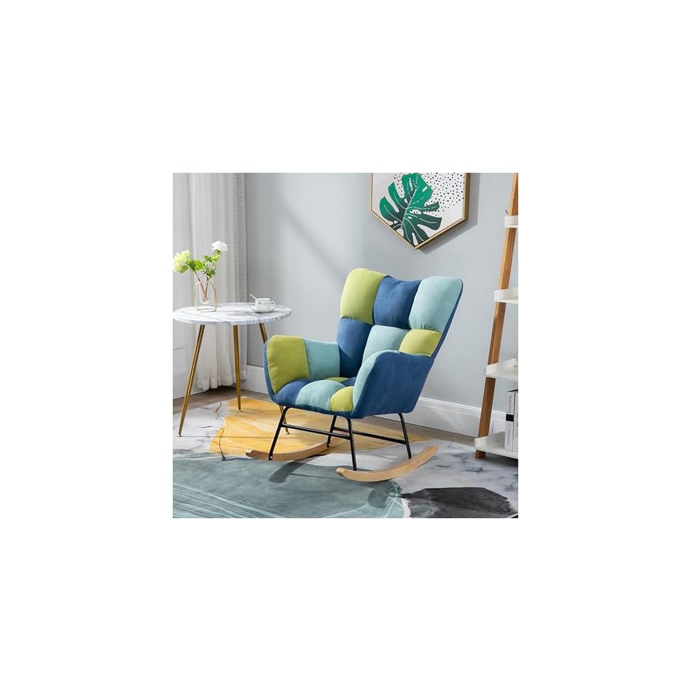 Nordic Rocking Chair Single Sofa Fireside Rocking Chair Patchwork Fabric Lounge Wing Back Chair with Solid Wood Legs Cotton and Linen Leisure Chairs for Living Rooms bedr