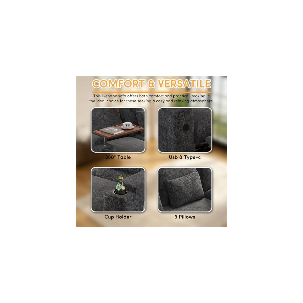 107.8'' Sleeper Sofa Bed, Chenille Gray Pull Out Couch with Storage Chaise