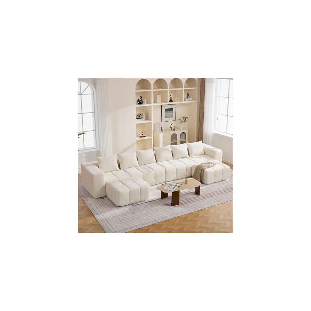160" Boneless U-Shaped Sofa Couch with 2 Ottoman, 6 Seater Comfy Cloud Sectional Sofas with Deep Seat, Oversized Chenille Sectional Memory Foam Couches for Living Room Bedroom, Tufted Sofa Beige White