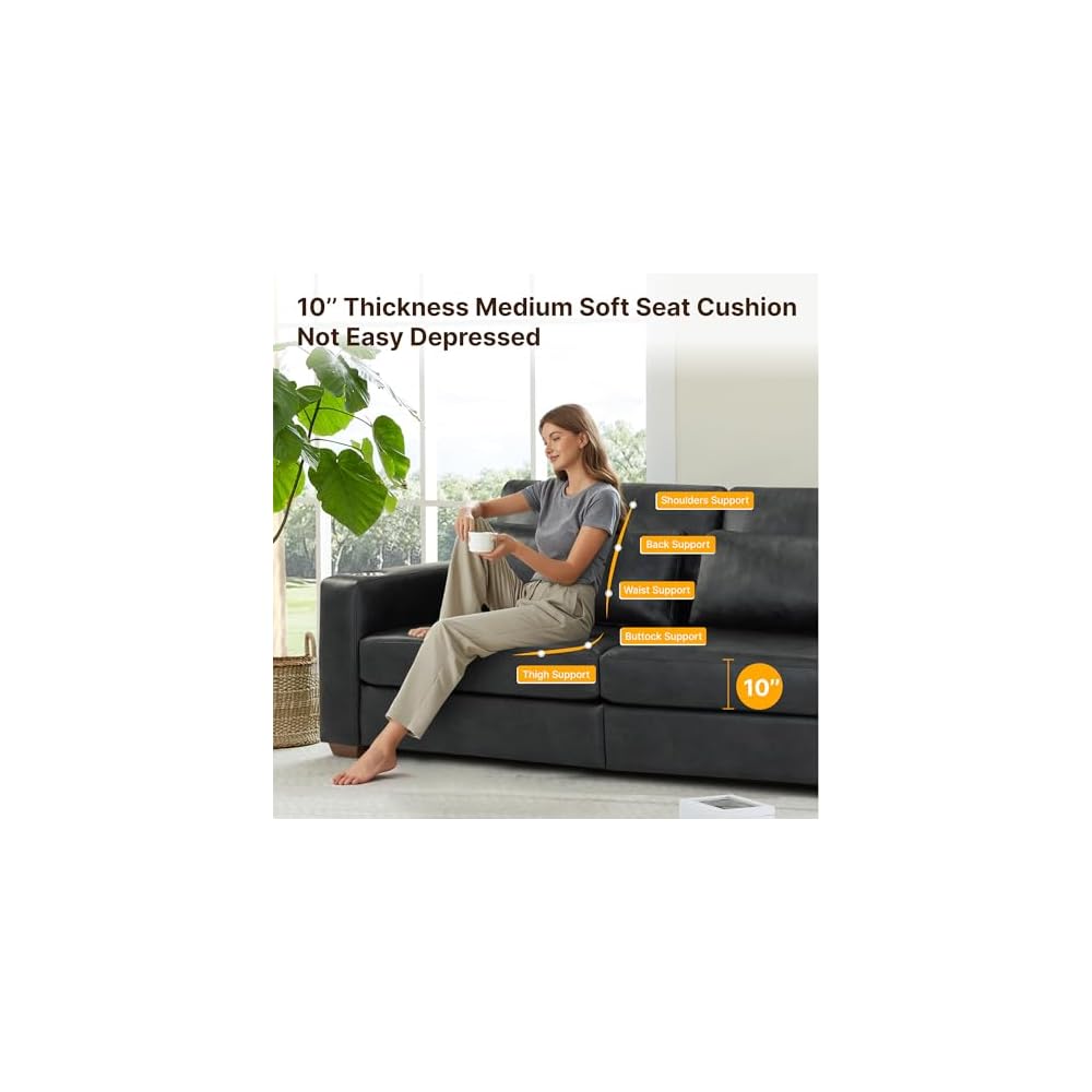 KISLOT 89" Sofa Couch for Living Room Faux Leather Upholstered Couch with Deep Seats and Wide Armrests 3 Seater Comfy Sofa with Cup Holders, USB & Type-C Ports, Spring Cushion, Solid Wood Frame Black