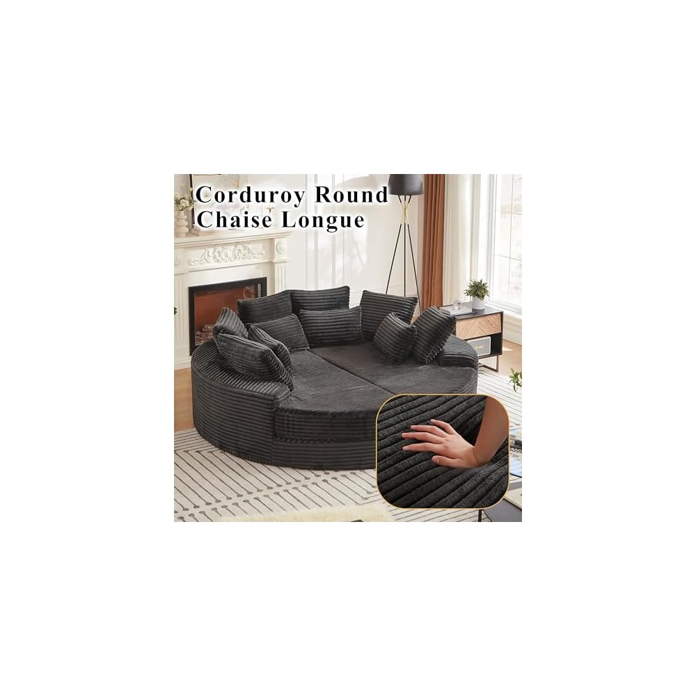 78.5" Boneless Corduroy Round Oversized Recliner, Converts into Two Recliners, 2-in-1 Sofa Bed, Neck Pillow Design with 5 Throw Pillows (Black, 78.5")