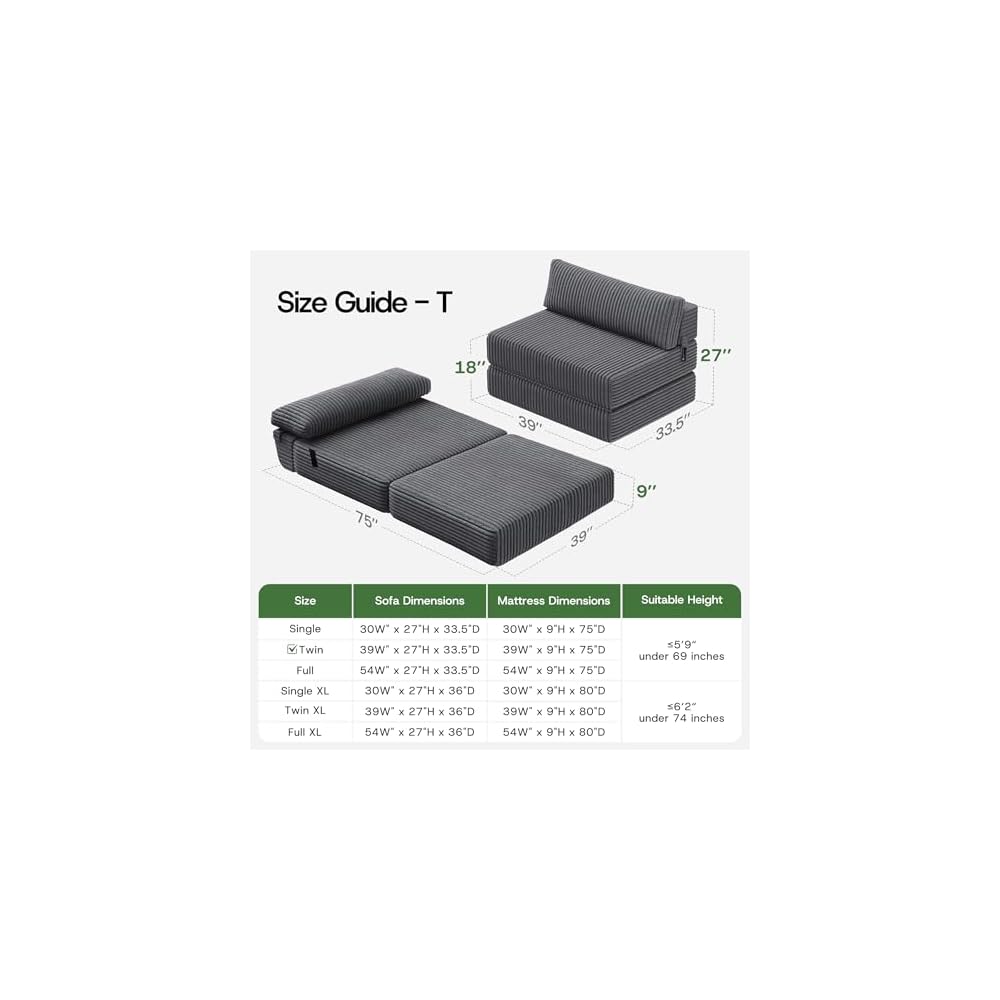 Folding Sofa Bed Convertible 4 in 1 Sleeper Chair Gray Twin