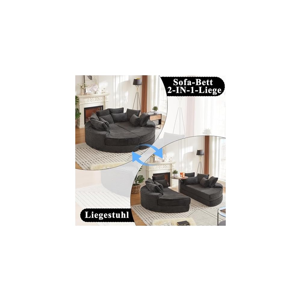 78.5" Boneless Corduroy Round Oversized Recliner, Converts into Two Recliners, 2-in-1 Sofa Bed, Neck Pillow Design with 5 Throw Pillows (Black, 78.5")