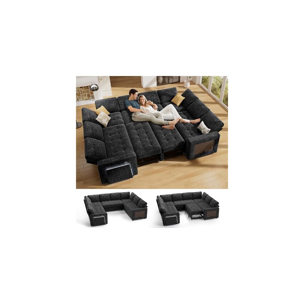 Vipbear 8 Seat U Shaped Modular Sectional Sleeper Sofa with Pull Out Bed/Reclining Backrest/USB Ports/Table/LED Light/Storage Seat, Sectional Sleeper Couch, Tool-Free Assembly, Chenille Black