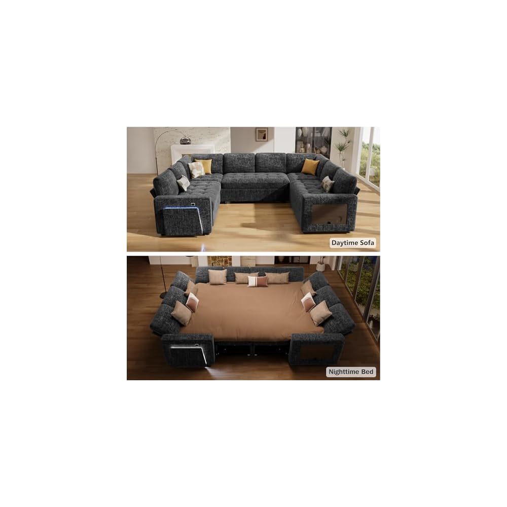 Vipbear 8 Seat U Shaped Modular Sectional Sleeper Sofa with Pull Out Bed/Reclining Backrest/USB Ports/Table/LED Light/Storage Seat, Sectional Sleeper Couch, Tool-Free Assembly, Chenille Black