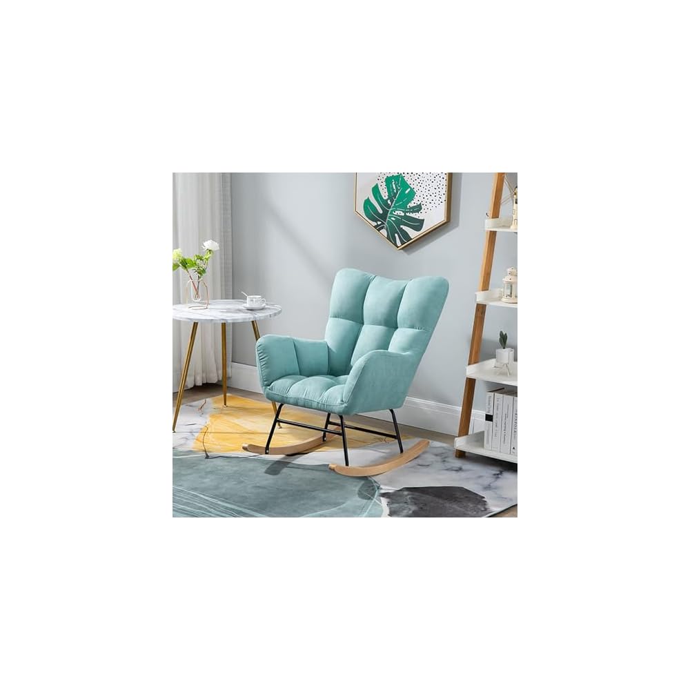 Nordic Rocking Chair Single Sofa Fireside Rocking Chair Patchwork Fabric Lounge Wing Back Chair with Solid Wood Legs Cotton and Linen Leisure Chairs for Living Rooms bedr