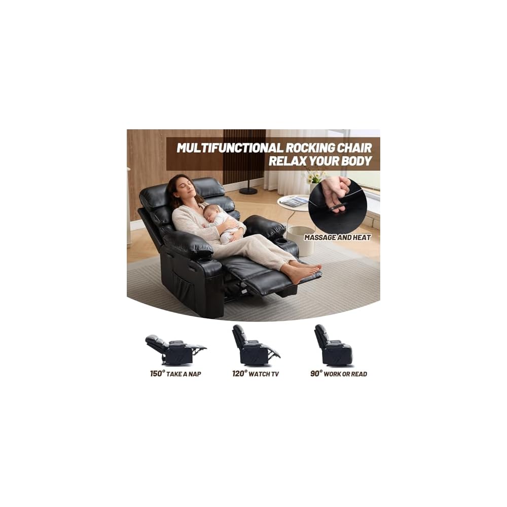 Extra Wide PU Leather Manual Recliner Chair for Adults with Massage & Heat, Oversized Lazy Lounge Chair with 1.5× Thickened Sponge Armrests & Backrest for Ultimate Comfort in Living Room or Bedroom