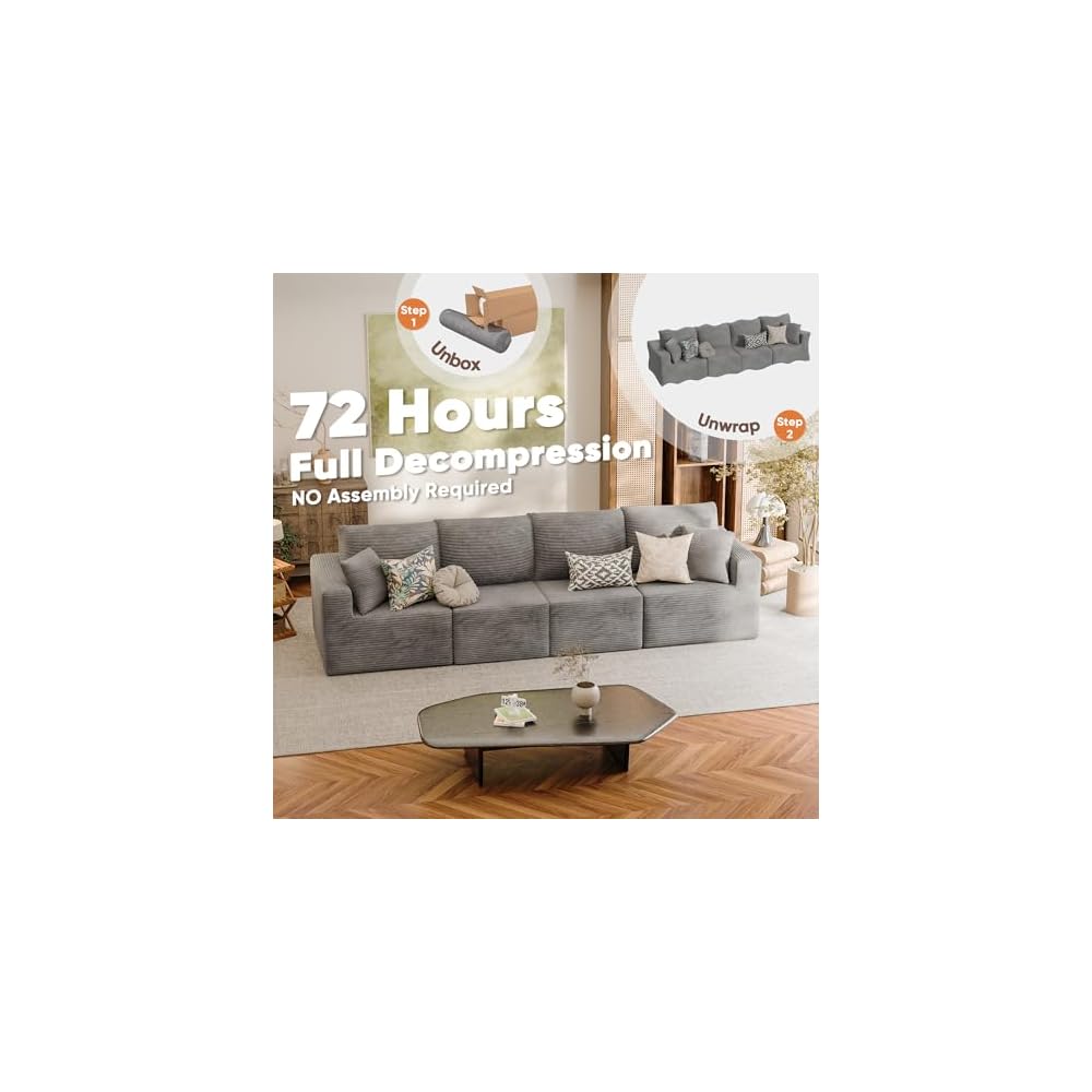 JUMMICO Boneless Couch with Deep Seat and Ottoman, Modular Sectional Sofa with Body Support, Corduroy Couches for Living Room, Apartments, Bedroom, No Assembly Required (Gray, Four Seater)