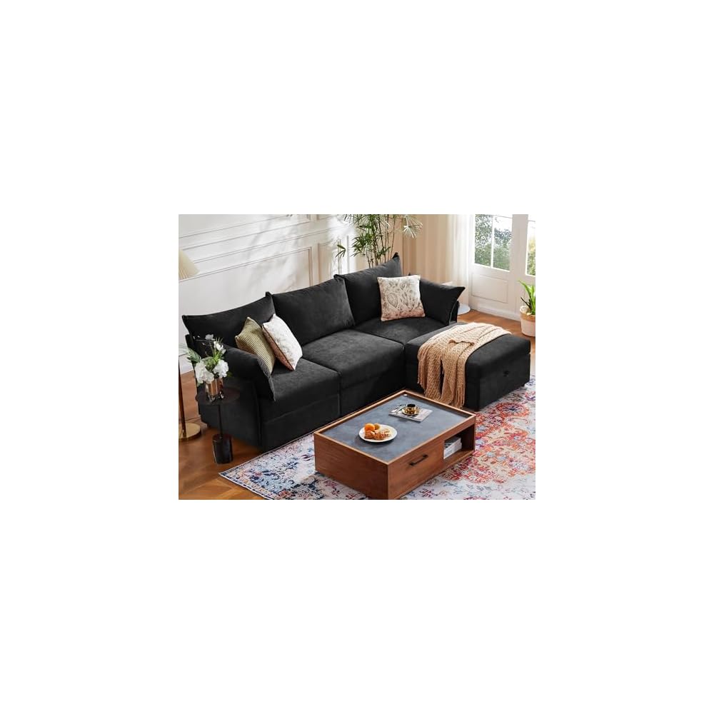 ABCASA 102.6" L Shaped Modular Sectional Couch with Washable Chenille Cover, 4 Seater Deep Seat Sofa with Storage Ottoman & Reversible Chaise for Living Room, Pet-Friendly, Black