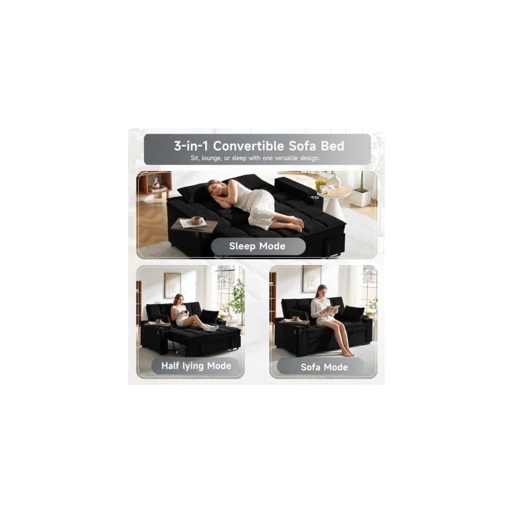 hansones 74" Convertible Sleeper Sofa Bed with Swivel Table & Storage，Black