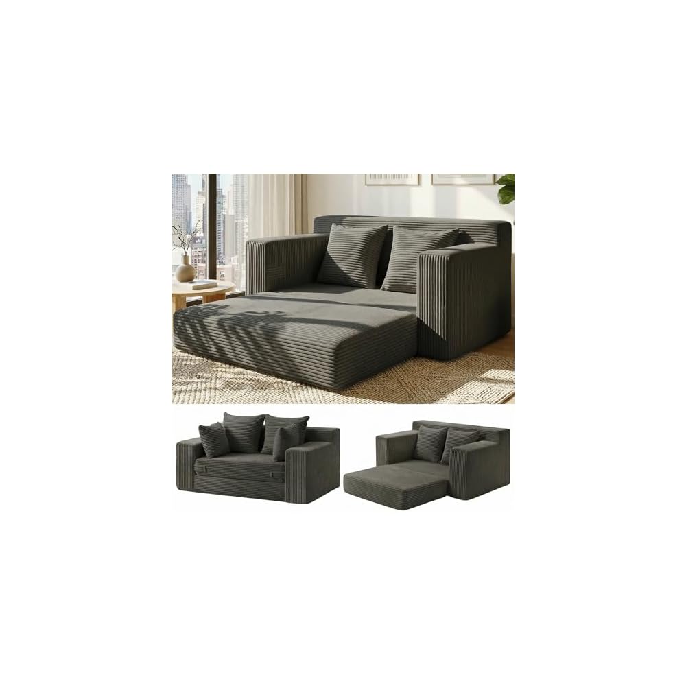 56" Boneless Couch, 5-in-1 Boneless Loveseat Sleeper Sofa Bed, Mini Convertible Pull Out Corduroy Futon Couch with Side Pockets & Handle, Folding Floor Sofa Bed with 4 Pillows for Small Space