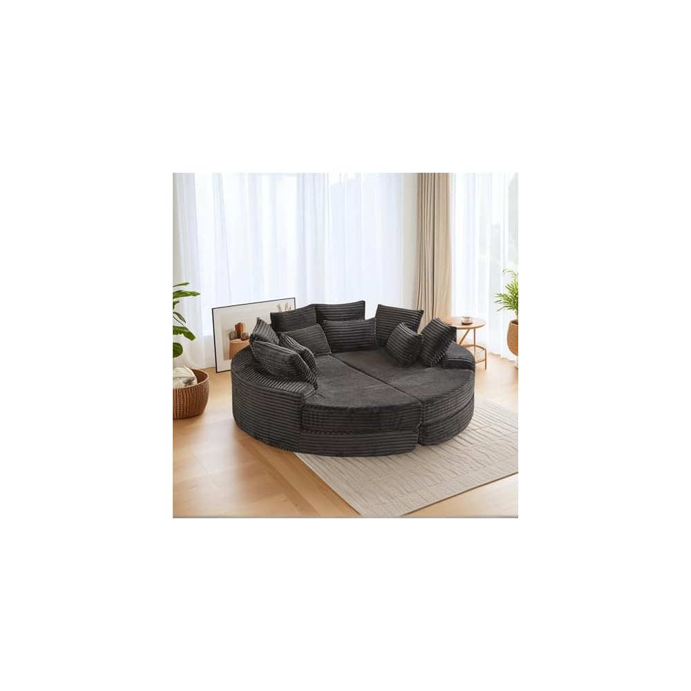 78.5" Boneless Corduroy Round Oversized Recliner, Converts into Two Recliners, 2-in-1 Sofa Bed, Neck Pillow Design with 5 Throw Pillows (Black, 78.5")