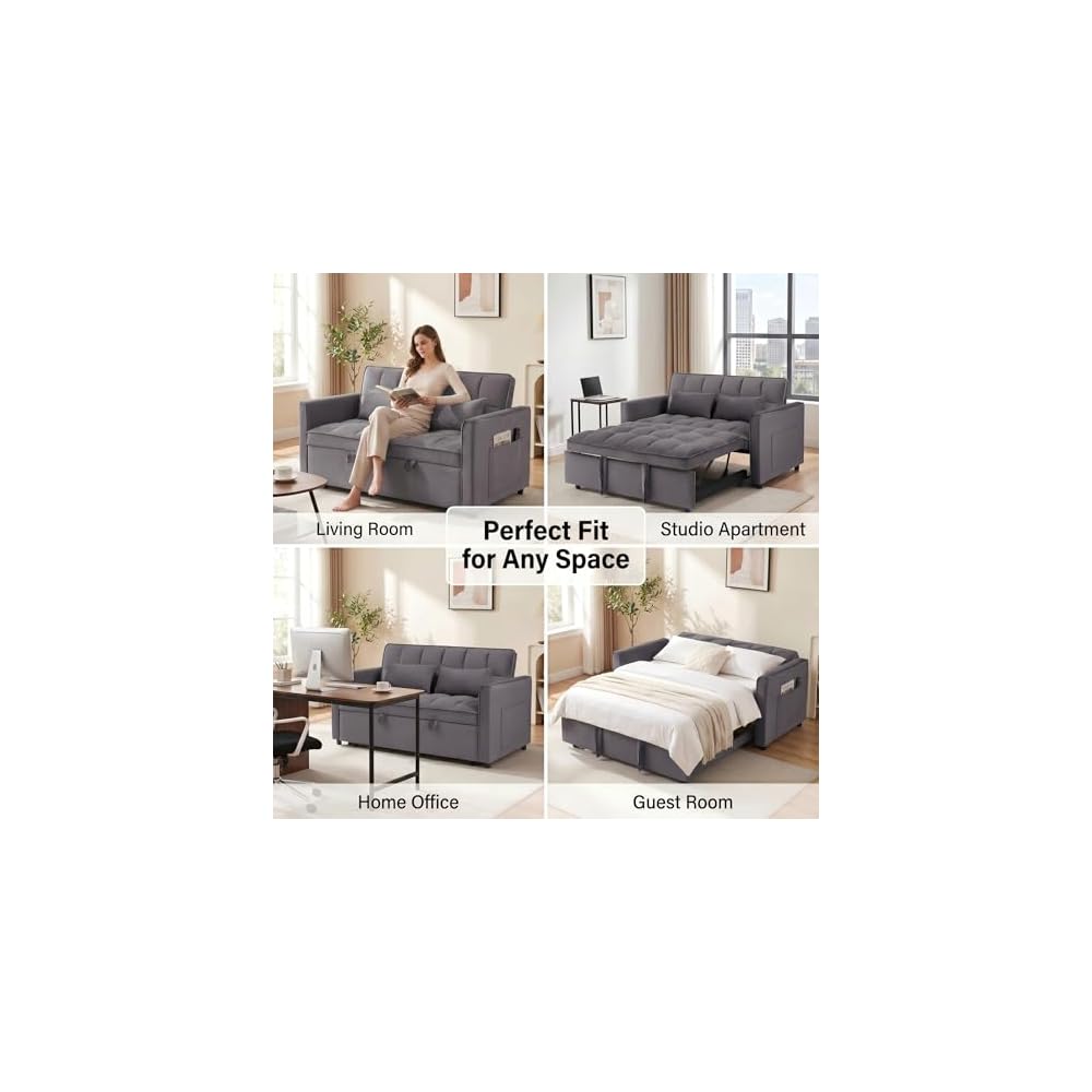 Sleeper Sofa 54", Velvet Convertible Sofa Bed, Gray
