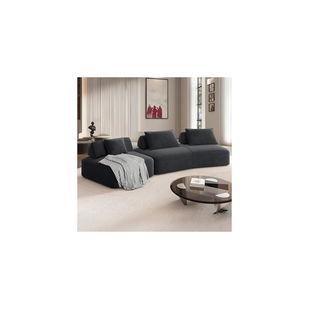 139" Modern Curved Sofa, Cloud Sectional Couch with Adjustable Backrest, Oversized Deep Seat Compressed Couch for Living Room Apartment, No Assembly Required, Chenille Fabric (Dark Grey)