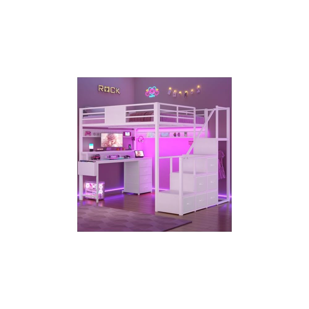 BTHFST Full Size Loft Bed with 55.5" Desk and Storage Stairs, White