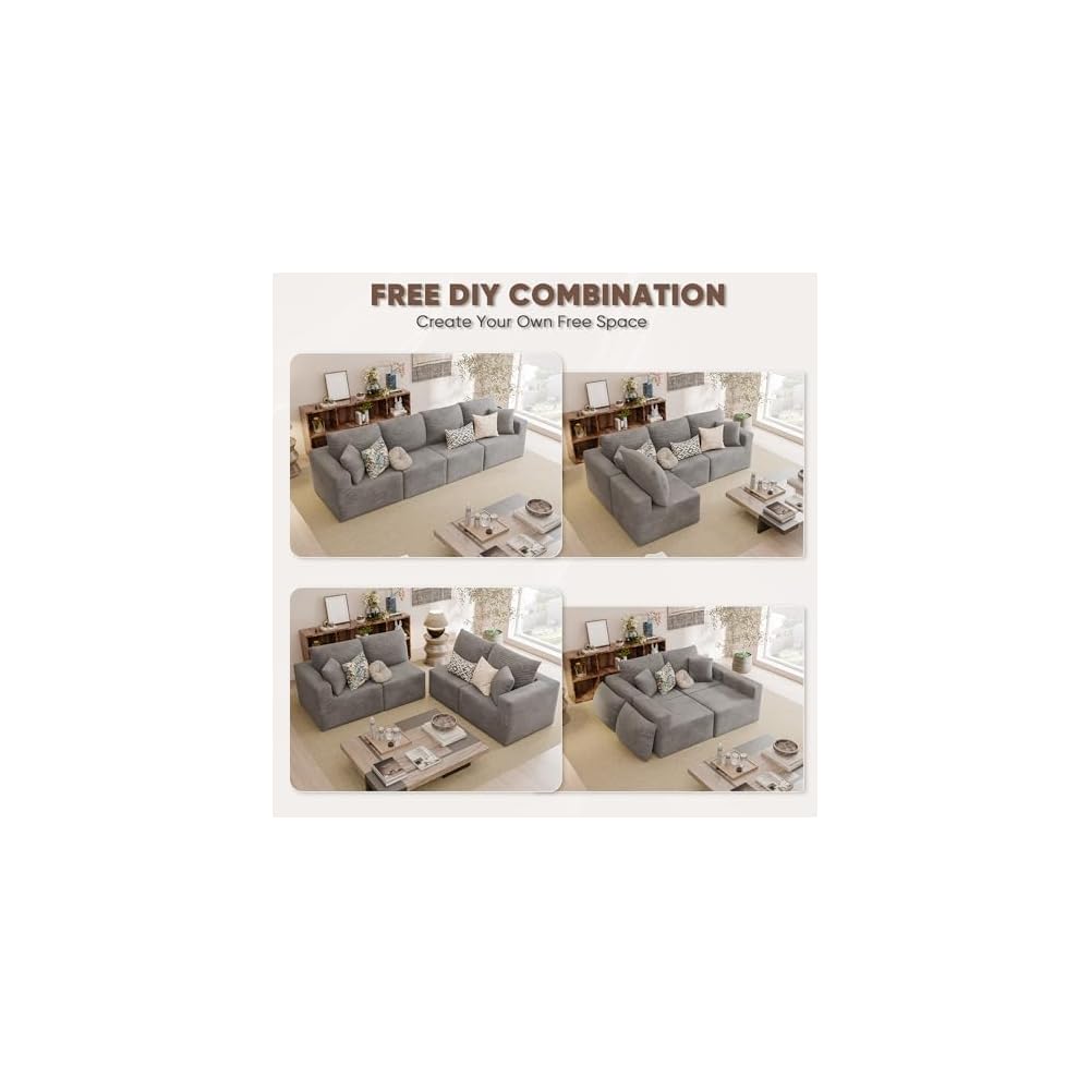 JUMMICO Boneless Couch with Deep Seat and Ottoman, Modular Sectional Sofa with Body Support, Corduroy Couches for Living Room, Apartments, Bedroom, No Assembly Required (Gray, Four Seater)