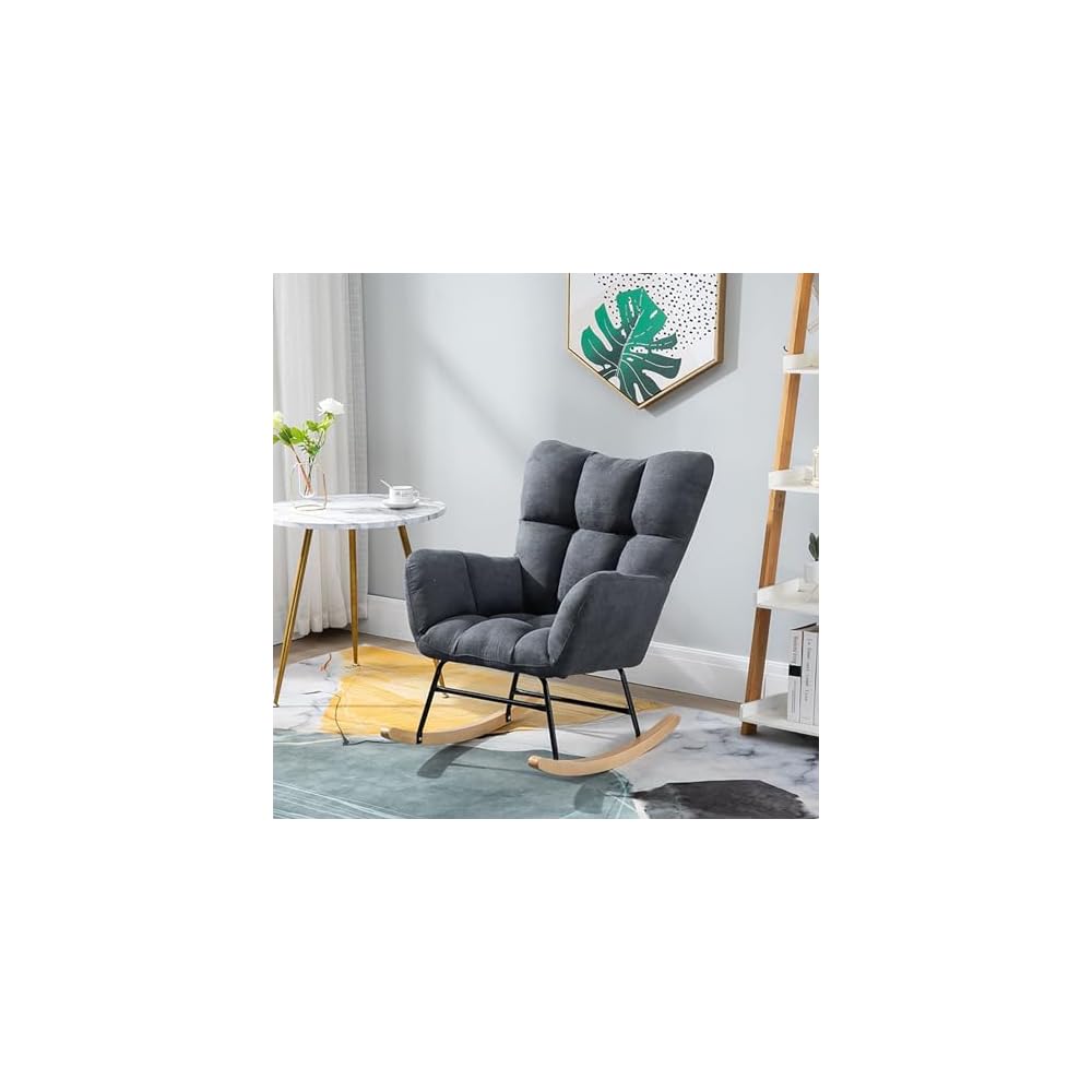 Nordic Rocking Chair Single Sofa Fireside Rocking Chair Patchwork Fabric Lounge Wing Back Chair with Solid Wood Legs Cotton and Linen Leisure Chairs for Living Rooms bedr