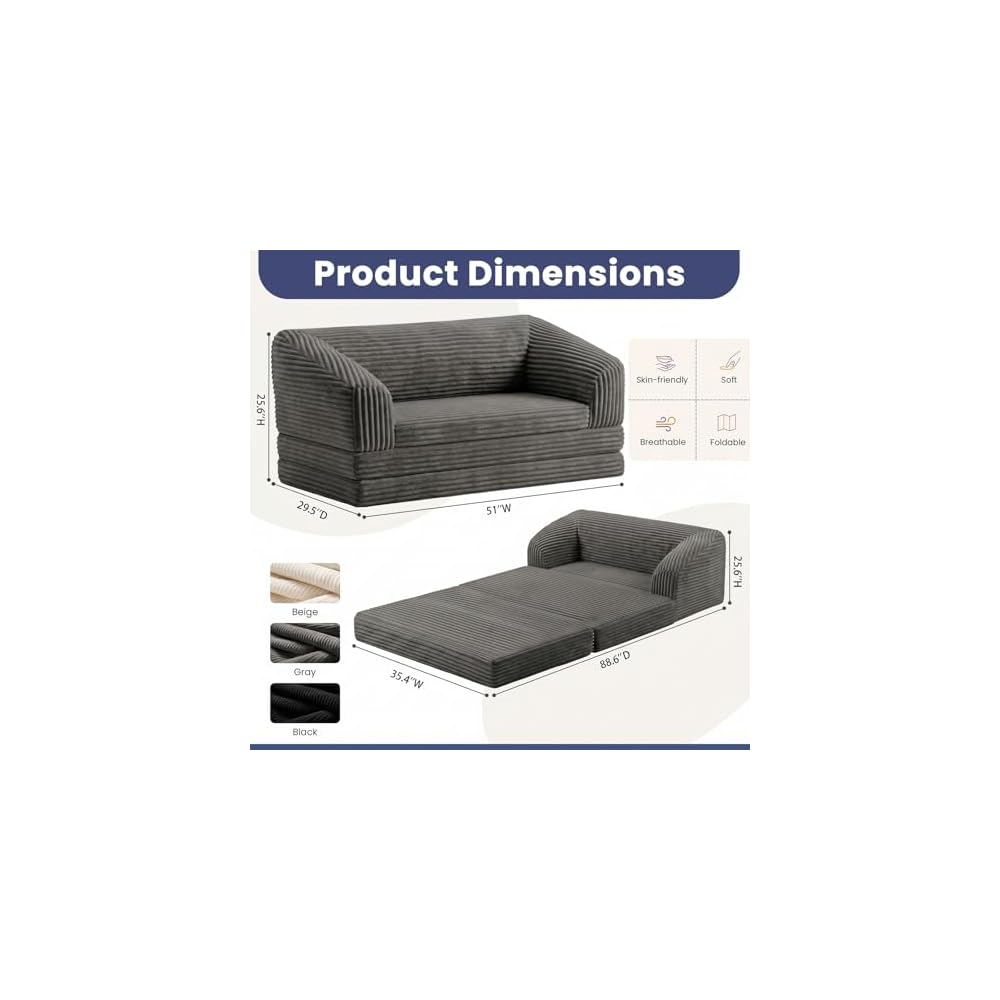 JUIKURY Convertible Sofa Bed, 3-in-1 Foldable Loveseat Couch with Armrest, Corduroy Floor Sofa & Sleeper Bed, No Assembly High-Density Foam Futon Mattress for Living Room, Small Apartment, Dorm