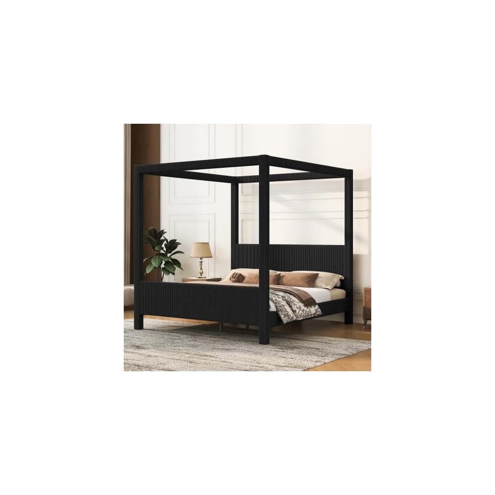 Queen Size Upholstery Canopy Platform Bed, with Headboard and Footboard, Vertical Ribbed Corduroy Design, Black