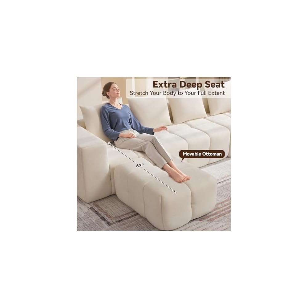160" Boneless U-Shaped Sofa Couch with 2 Ottoman, 6 Seater Comfy Cloud Sectional Sofas with Deep Seat, Oversized Chenille Sectional Memory Foam Couches for Living Room Bedroom, Tufted Sofa Beige White